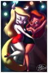  2016 animaniacs anthro beauty_mark blonde_hair breasts brown_nose butt canine choker cleavage clothed clothing disney dog dress duo eyebrows eyelashes female fernando_faria goof_troop hair half-closed_eyes hand_behind_head long_hair looking_at_viewer mammal minerva_mink mink mustelid pink_nose red_hair roxanne_(goof_troop) short_dress smile standing warner_brothers 