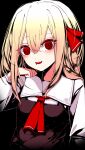  1girl absurdres ascot black_background black_vest blonde_hair blood blood_from_mouth collared_shirt hair_ribbon hand_up highres looking_at_viewer medium_hair open_mouth print_collar red_ascot red_eyes red_ribbon ribbon ringed_eyes rumia sharp_teeth shi_to_na shirt simple_background teeth touhou upper_body upper_teeth_only vest white_shirt 