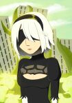 absurd_res black_clothing blindfold clothed clothing female hair hi_res human mammal nier_automata not_furry platinumgames simple_background solo unknown_artist white_hair yorha_2b