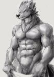 2017 abs anthro black_nose canid canine canis digital_media_(artwork) fangs fur geppei5959 glistening glistening_body glistening_fur grey_body grey_fur grey_nipples greyscale hi_res male mammal monochrome muscular muscular_anthro muscular_male neck_tuft nipples pecs portrait simple_background solo standing teeth three-quarter_portrait tuft white_background wolf