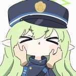  &gt;o&lt; 1girl animated animated_gif armband blue_archive blue_armband blush_stickers chibi closed_eyes disembodied_limb fang green_hair green_halo halo hands_on_another&#039;s_cheeks hands_on_another&#039;s_face hat highlander_sidelocks_conductor_(blue_archive) jacket long_hair no_nose pointy_ears sidelocks skin_fang umihio v-shaped_eyebrows 