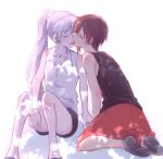  closed_eyes commentary earrings english_commentary french_kiss jewelry kiss multiple_girls nagasawa_(tthnhk) necklace protected_link red_hair ruby_rose rwby shirt shoes shorts sitting skirt sleeveless sleeveless_shirt summer tongue tongue_out weiss_schnee white_hair yuri 