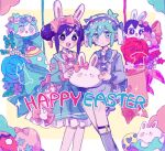 1boy 1girl alternate_costume aubrey_(headspace)_(omori) aubrey_(omori) basil_(headspace)_(omori) basil_(omori) blue_eyes bow easter_egg egg forest_bunny_(omori) green_hair hair_bow happy_easter highres long_sleeves looking_at_viewer mugi062 omori open_mouth pink_bow purple_eyes purple_hair short_hair teeth upper_teeth_only 