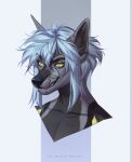 anthro artist_name black_nose blue_hair bust_portrait canid eyelashes facial_piercing fur glistening glistening_eyes grey_body grey_fur hair hi_res lip_piercing male mammal marie_merkh piercing portrait simple_background snakebite_piercing solo yellow_eyes