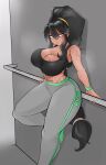  1girl abs absurdres against_wall bamman black_hair blush breasts character_request cleavage commentary_request eyelashes foot_against_wall green_eyes hair_between_eyes hand_on_railing highres large_breasts leaning_back long_hair looking_to_the_side midriff original pants parted_lips ponytail simple_background solo sports_bra steam sweat tan thick_thighs thighs toned very_long_hair wide_hips workout_clothes wrist_cuffs 