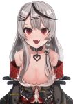  1girl @_@ absurdres belt black_hair braid breasts caution_tape cleavage collar fang frills grey_hair hair_ornament heart heart_hair_ornament heart_necklace highres hololive jewelry large_breasts long_hair looking_at_viewer multicolored_hair necklace open_mouth orutana1029 red_eyes sakamata_chloe solo spaghetti_strap streaked_hair sweat triangle_mouth virtual_youtuber white_background x_hair_ornament 