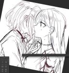  2girls aoki_shizumi art_program_in_frame character_request commentary_request d4dj greyscale hair_ornament hairclip kiss long_hair monochrome multiple_girls short_hair sketch sweat upper_body yuri 