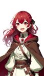  1girl absurdres ai-generated black_ribbon braid hair_ribbon highres hood long_sleeves looking_at_viewer medieval non-web_source open_mouth red_eyes red_hair ribbon smile solo 