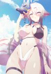  1girl absurdres antenna_hair arbiter1 ass_visible_through_thighs azur_lane bikini black_choker blue_sky breasts choker cloud covered_nipples criss-cross_halter day floppy_ears fox_mask fox_tail from_below grey_hair hair_between_eyes halterneck highleg highleg_bikini highres large_tail looking_at_viewer looking_down mask mask_on_head medium_breasts mixed-language_commentary multicolored_bikini multicolored_clothes navel official_alternate_costume outdoors see-through sky standing swimsuit tail thigh_strap tosa_(azur_lane) tosa_(hometown_zest)_(azur_lane) two-tone_bikini 