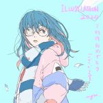  1girl 2020 aqua_background blue_eyes blue_hair bright_pupils eyepatch hood hood_down illustration.media long_sleeves mgm_f5 pink_hair round_eyewear scarf signature simple_background solo striped_clothes striped_scarf upper_body white_pupils 
