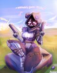 :3 absurd_res anthro arm_armor artist_name bear belt black_body black_fur black_hood blush brown_belt cloud curvy_figure day detailed_background digital_media_(artwork) english_text epic_games explosion eye_scar eyes_closed facial_scar featureless_crotch female fortnite full-length_portrait fur grass grey_body grey_fur gun handgun happy hi_res holding_gun holding_handgun holding_object holding_pistol holding_ranged_weapon holding_weapon hourglass_figure justbirb leg_armor mammal mostly_nude multicolored_body multicolored_fur musical_note outside pistol plant portrait pseudo_clothing purple_body purple_fur ranged_weapon raven_team_leader rock scar shadow_face sitting sitting_on_rock sky small_waist smile solo text thick_thighs weapon white_body white_fur