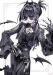 1girl 402_(o0_xxx) absurdres ahoge black_hair blunt_bangs braid clawed_gauntlets claws commentary cowboy_shot demon_wings detached_wings ear_piercing fangs hand_on_own_hip hand_up highres inset_border lace_trim layered_sleeves looking_at_viewer low_wings mole mole_under_mouth open_clothes original parted_lips piercing red_eyes signature single_wing solo sunglasses symbol-only_commentary tail twin_braids wings 