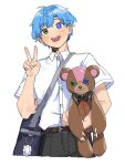  1boy bag bag_charm black_bag black_pants blue_hair borrowed_character charm_(object) collared_shirt commentary_request cropped_legs green_eyes hands_up head_tilt highres holding holding_stuffed_toy looking_at_viewer male_focus open_mouth original pants rramarukun school_uniform shirt short_hair short_sleeves shoulder_bag simple_background solo stuffed_animal stuffed_toy teddy_bear v very_short_hair white_background white_shirt 