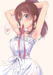  1girl armpits arms_behind_head arms_up bare_shoulders blue_bow blue_eyes blush bow breasts brown_hair collarbone dress heart idolmaster idolmaster_million_live! idolmaster_million_live!_theater_days lace-trimmed_dress lace_trim large_breasts light_brown_background looking_at_viewer mitsuki_(omezame_alice) mouth_hold pink_ribbon ponytail ribbon ribbon-trimmed_dress ribbon_in_mouth satake_minako see-through see-through_dress sidelocks simple_background sleeveless sleeveless_dress solo speech_bubble sweat tying_hair waist_bow white_bow white_dress 