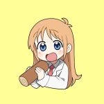  1girl blue_eyes blush bread coat collared_shirt ebifried food holding holding_food lab_coat long_hair long_sleeves looking_at_viewer necktie nichijou open_mouth orange_hair professor_shinonome red_necktie shirt simple_background solo upper_body white_coat white_shirt yellow_background 