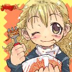  1girl blonde_hair blue_sweater blush border bucket choppy_bangs commentary_request english_text food food_in_mouth fork hands_up holding holding_bucket holding_fork kikai_(akita_morgue) long_sleeves looking_at_viewer lowres oekaki one_eye_closed orange_background original outside_border pasta simple_background smile solo spaghetti sweater tomato_sauce turtleneck upper_body wavy_hair yellow_border yellow_eyes 