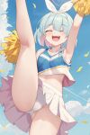  1girl :d ^_^ alternate_costume aqua_hair arm_up armpits arona_(blue_archive) ass blue_archive blue_sky blunt_bangs braid cheerleader closed_eyes cloud cloudy_sky colored_inner_hair commentary_request hairband halo highres holding holding_pom_poms looking_at_viewer multicolored_hair navel outdoors panties parted_bangs pleated_skirt pom_pom_(cheerleading) short_hair sidelocks single_braid skirt sky smile solo split standing standing_on_one_leg standing_split stomach two-tone_hair underwear white_panties zhong_zi_sheliu 