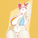 animal_crossing anthro big_breasts bikini bikini_top blush bottomless breasts clothed clothing deer female front_view fur genitals greatalmightyjj hand_behind_head hand_on_hip hi_res horn huge_breasts looking_at_viewer mammal nintendo pussy shino_(animal_crossing) simple_background solo swimwear tan_body tan_fur
