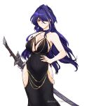  1girl acheron_(honkai:_star_rail) alternate_costume bare_arms bare_shoulders black_dress breasts cleavage commentary cowboy_shot dress hair_ornament hair_over_one_eye highres holding holding_sword holding_weapon honkai:_star_rail honkai_(series) katana large_breasts long_hair looking_at_viewer purple_eyes purple_hair scabbard sheath sheathed sierra117renner simple_background sleeveless sleeveless_dress solo standing sword very_long_hair weapon white_background 