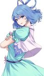  1girl blue_dress blue_eyes blue_hair dress frilled_sleeves frills hair_rings highres kaku_seiga looking_at_viewer mirufui puffy_short_sleeves puffy_sleeves short_hair short_sleeves simple_background smile solo touhou upper_body vest white_background white_vest 