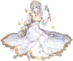  1girl ark_order armlet barefoot barefoot_sandals_(jewelry) blue_eyes bracelet braid breasts cleavage closed_mouth clothing_cutout daffodil detached_sleeves dress flower full_body gold_trim grey_hair hair_ribbon hatoyama_itsuru head_wreath jewelry large_breasts laurel_crown looking_at_viewer necklace official_art on_floor ribbon sitting smile solo tachi-e transparent_background virgo_(ark_order) white_dress white_flower white_ribbon 