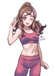  1girl alternate_hairstyle bare_shoulders brown_eyes brown_hair commission english_commentary fire_emblem fire_emblem_fates hana_(fire_emblem) headband highres navel pants pink_sports_bra rotomdocs sports_bra v yoga_pants 