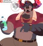  1boy :q abs absurdres animal_ears bara bottle brown_fur bulge chest_tuft clothes_lift come_hither cow_ears cow_horns cowboy_shot crystal_horn english_text facial_hair furry furry_male gem goatee highres holding holding_bottle horns huge_eyebrows large_pectorals leoandaslan_(leobongnana) live_a_hero looking_at_viewer male_focus mature_male minotaur multicolored_hair muscular muscular_male mutton_chops navel navel_hair nipples obsidius_(live_a_hero) one_eye_closed paid_reward_available pectorals pointing_at_crotch promotional_art red_gemstone seductive_smile shirt_lift short_hair smile solo speech_bubble standing stomach streaked_hair strongman_waist sweat thick_chest_hair thick_thighs thighs tongue tongue_out very_sweaty 