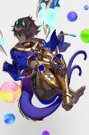  1boy absurdres arjuna_(fate) arjuna_alter_(fate) armlet armor barefoot black_eyes black_hair black_shorts blue_horns dark-skinned_male dark_skin expressionless fate/grand_order fate_(series) floating full_body glowing_horns gold_armor highres horns indian_clothes knees_up male_focus orb short_hair shorts simple_background sin_(btc86amme) solo spiked_armor toes vambraces very_dark_skin 