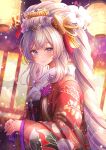  1girl absurdres blue_eyes closed_mouth curly_hair fate/grand_order fate_(series) floral_print flower grey_hair hair_flower hair_ornament hair_stick highres japanese_clothes kimono lantern leaf_print long_hair looking_at_viewer marie_antoinette_(fate) night night_sky obi obijime paper_lantern pink_tassel red_kimono sash signature sky smile solo totomiya white_flower white_kimono wide_sleeves 