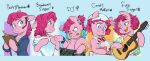 absurd_res blue_eyes bow_tie clothed clothing doodlemark dress earth_pony electronics english_text equid equine female friendship_is_magic guitar hair hasbro headphones hi_res hooves horse mammal musical_instrument my_little_pony one_eye_closed pink_body pink_hair pinkie_pie_(mlp) plucked_string_instrument pony semi-anthro smile solo string_instrument text tongue tongue_out