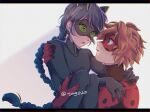  1boy 1girl adrien_agreste animal_ears black_bodysuit black_hair black_mask blonde_hair bodysuit braid carrying cat_ears cat_girl green_eyes grey_background highres lady_noir looking_at_another marinette_dupain-cheng miraculous_ladybug misterbug_(character) princess_carry red_bodysuit red_mask simple_background single_braid slit_pupils superhero_costume tmg0210 