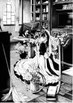  1girl apron book bottle curtains flower gagaimo highres looking_at_viewer looking_back maid maid_apron monochrome original short_hair solo television window 