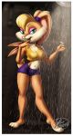  2018 4_fingers anthro blonde_hair blue_eyes blurred_background breasts buckteeth cleavage clothed clothing eyelashes eyeshadow female fernando_faria fully_clothed hair hairband half-closed_eyes lagomorph lola_bunny looking_at_viewer looney_tunes makeup mammal midriff navel rabbit shirt shorts shower shower_head solo standing tank_top teeth warner_brothers water wide_stance 