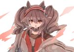  1girl angelina_(arknights) animal_ears arknights black_collar brown_hair coat collar commentary earpiece floating_hair fox_ears fox_girl hair_between_eyes hairband infection_monitor_(arknights) jacket looking_at_viewer medium_hair nacoty no_nose open_clothes open_coat open_mouth red_eyes red_hairband red_jacket shirt sidelocks solo striped_clothes striped_hairband striped_shirt twintails unzipped upper_body v-shaped_eyebrows white_background white_coat 