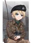  1girl absurdres alternate_costume ascot beret binoculars black_hat blonde_hair blue_eyes braid brown_jacket brown_pants chinese_commentary chinese_text cigar closed_mouth commentary_request commission darjeeling_(girls_und_panzer) emblem english_commentary girls_und_panzer green_ascot hat highres holding holding_cigar huihuang_rongyao insignia jacket long_sleeves looking_at_viewer military military_hat military_uniform mixed-language_commentary pants pouch radio short_hair sitting smile solo uniform united_kingdom watermark world_war_ii 