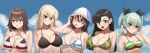  5girls ;p anchovy_(girls_und_panzer) asymmetrical_bangs bikini black_bikini black_eyes black_hair black_ribbon blonde_hair blue_eyes blue_hat blue_sky breasts brown_eyes brown_hair camouflage camouflage_bikini character_request cleavage_cutout closed_mouth clothing_cutout cloud cloudy_sky commentary commission day drill_hair english_commentary finnish_flag flag_print girls_und_panzer green_bikini green_hair hair_ribbon half-closed_eyes halterneck hand_in_own_hair hands_on_own_chest highres large_breasts light_frown long_hair looking_at_viewer medium_breasts medium_hair mika_(girls_und_panzer) multicolored_stripes multiple_girls nico-mo nishi_kinuyo one_eye_closed open_mouth outdoors parted_lips ribbon short_hair side-by-side sky smile straight_hair striped_bikini striped_clothes sweat swimsuit tongue tongue_out tulip_hat twin_drills twintails white_bikini 