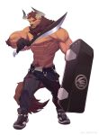  1boy absurdres alternate_muscle_size animal_ears arknights bara chest_tuft cow_ears cow_horns dual_wielding full_body furrification furry furry_male highres holding holding_shield holding_sword holding_weapon horns ju_neng_binggui large_pectorals looking_at_viewer male_focus matterhorn_(arknights) minotaur muscular muscular_male nipple_piercing nipple_rings pectorals piercing serious shield short_hair shredded_muscles solo standing sword thick_navel_hair topless_male v-taper weapon 