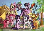  2018 applejack_(mlp) blonde_hair cutie_mark dragon earth_pony equine eyelashes female feral fluttershy_(mlp) friendship_is_magic group hair hat hi_res hooves horn horse long_hair mammal multicolored_hair my_little_pony open_mouth outside pegasus pink_hair pinkie_pie_(mlp) pony rainbow_dash_(mlp) rainbow_hair rarity_(mlp) setharu smile spike_(mlp) starlight_glimmer_(mlp) tree twilight_sparkle_(mlp) unicorn winged_unicorn wings young 