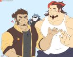  3boys :p bara beard blurry boogeyman_(housamo) clothes_around_waist contest_winner crossover depth_of_field dislyte facial_hair flat_color forearms forked_eyebrows freddy_(fenrir)_(dislyte) furry furry_male goatee heart high_ponytail highres jacket jacket_around_waist large_pectorals leo_(leoandaslan) leoandaslan_(leobongnana) letterman_jacket male_focus medium_hair multicolored_hair multiple_boys muscular muscular_male mustache_stubble mutton_chops original paid_reward_available pectoral_cleavage pectorals promotional_art short_hair sparse_stubble stubble sunglasses sweatdrop tank_top thick_beard tokyo_afterschool_summoners tongue tongue_out tusks two-tone_hair upper_body waving white_tank_top yaoi 