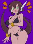  1girl absurdres aile_(mega_man_zx) arm_under_breasts bare_shoulders bikini black_bikini blush bottomless breasts brown_hair buzzlyears collarbone green_eyes highres large_breasts long_hair mega_man_(series) mega_man_zx mega_man_zx_advent navel open_mouth ponytail purple_background revealing_clothes robot_ears simple_background solo star_(symbol) surprised swimsuit wet 