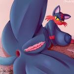  2018 angry anthro anthrofied anus big_breasts big_thighs black_fur blue_eyes breasts cat cheek_tuft chowdie facial_markings feline female fur huge_breasts litten looking_at_viewer mammal markings multicolored_fur nintendo nude plump_labia pok&eacute;mon pok&eacute;mon_(species) pok&eacute;morph pose presenting pussy pussy_juice red_fur simple_background spreading tuft two_tone_fur video_games yellow_sclera 