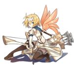  1girl ark_order arrow_(projectile) blonde_hair blue_scarf boots bow_(weapon) brown_footwear crop_top detached_wings drawing_bow elbow_gloves feathered_wings fighting_stance forehead_protector full_body gloves gold_trim hair_intakes holding holding_arrow holding_bow_(weapon) holding_weapon icarus_(ark_order) jewelry kamisa looking_at_viewer midriff official_art orange_wings quiver ring scarf shirt short_hair skirt solo squatting stomach tachi-e thigh_boots thighhighs transparent_background weapon white_gloves white_shirt white_skirt wings 