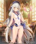  1girl bare_legs blush covered_navel evertale frilled_leotard frills green_eyes hat impossible_clothes impossible_leotard leotard long_hair official_art petite popqn red_pupils rolotia_(evertale) shy solo sweatdrop thighs very_long_hair white_hair 