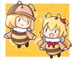  akai_haato baseball_cap bee_costume blonde_hair brown_hat chibi chibi_only closed_mouth commentary english_commentary fake_antennae fur_collar hat highres hololive hololive_english insect_wings long_sleeves moon_ldl notice_lines official_alternate_costume smile virtual_youtuber watson_amelia wings |_| 