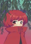  1girl absurdres blue_bow bow cloak covered_mouth double_dealing_character film_grain from_side gradient_background hair_bow high_collar highres leaf looking_at_viewer punidayo red_cloak red_eyes red_hair sekibanki short_hair solo touhou upper_body 