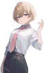  1girl absurdres arm_up black_skirt blonde_hair breasts closed_mouth highres looking_at_viewer medium_breasts necktie nyanyasamu original purple_eyes red_necktie school_uniform shirt short_hair short_sleeves skirt solo sparkle_background uniform white_background white_shirt 