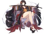  1girl absurdly_long_hair ark_order artist_request bare_shoulders black_footwear black_hair black_kimono blood blood_on_hands blunt_bangs breasts expressionless facial_mark floating floating_object floating_weapon full_body geta hair_ribbon hime_cut izanagi_no_mikoto_(ark_order) japanese_clothes katana kimono large_breasts leg_ribbon long_hair long_sleeves looking_at_viewer official_art pom_pom_(clothes) red_kimono red_ribbon ribbon sidelocks sitting socks solo sword tabi tachi-e thigh_ribbon transparent_background very_long_hair weapon white_socks wide_sleeves yellow_eyes 