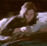  1girl bed brown_eyes brown_hair closed_mouth coffee commentary cup dark_background english_commentary faux_traditional_media highres holding holding_cup indoors long_hair long_sleeves looking_to_the_side lying on_stomach original solo sunlight under_covers yuming_li 
