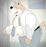 2024 anthro belly black_nose blush bottomwear brown_body canid canine canis clothed clothing domestic_dog fugashi4090 kemono male mammal moobs navel nipples open_clothing open_shirt open_topwear overweight overweight_male pants shirt solo topwear
