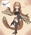  1girl a.c._hunter absurdres ahoge bird_legs black_tube_top breasts brown_feathers brown_hair brown_shorts brown_wings character_name claws digitigrade dinosaur_girl dinosaur_tail feather_necklace feathered_wings feathers hair_between_eyes harpy highres jewelry looking_at_viewer medium_breasts medium_hair midriff monster_girl multicolored_hair necklace orange_eyes original partially_feathered_tail reference_inset shorts smile solo standing standing_on_one_leg strapless tail talons tube_top two-tone_hair velociraptor winged_arms wings 
